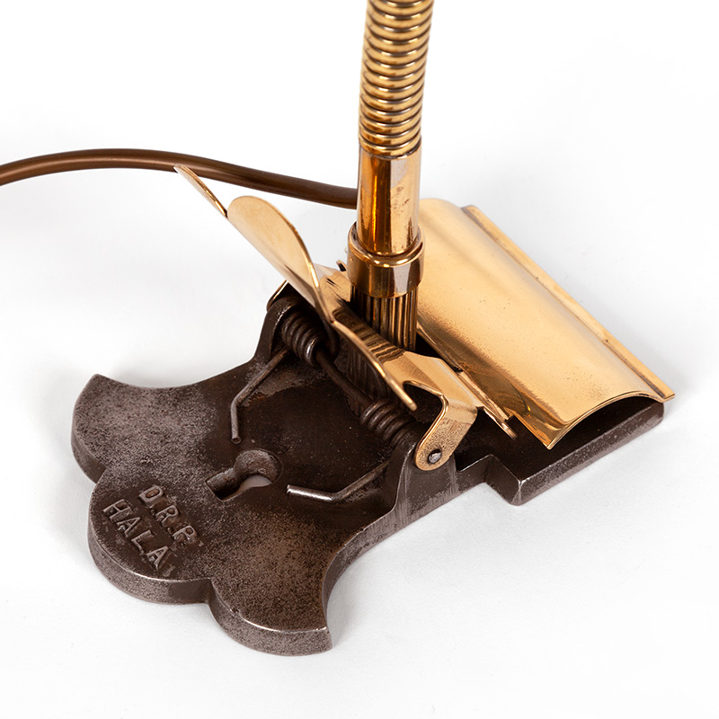 Art Deco Brass and Chrome Desk Lamp with Clam Shell Shade Clamp Base and Adjustable Arm and Shade