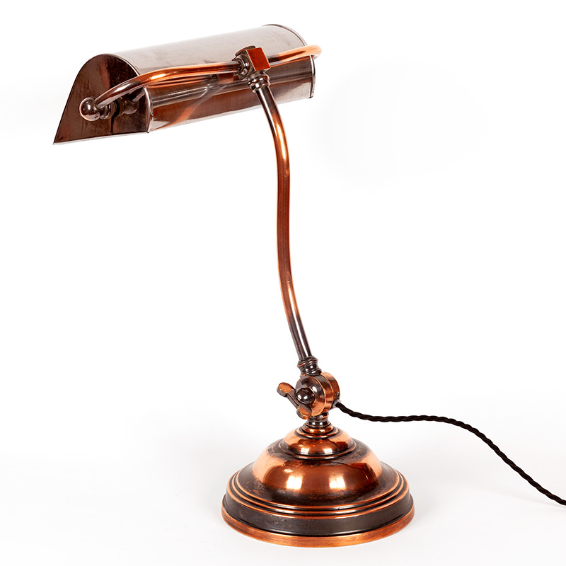 Art Deco Copper Oxidised Adjustable Desk Lamp with Trough Shaped Metal Shade