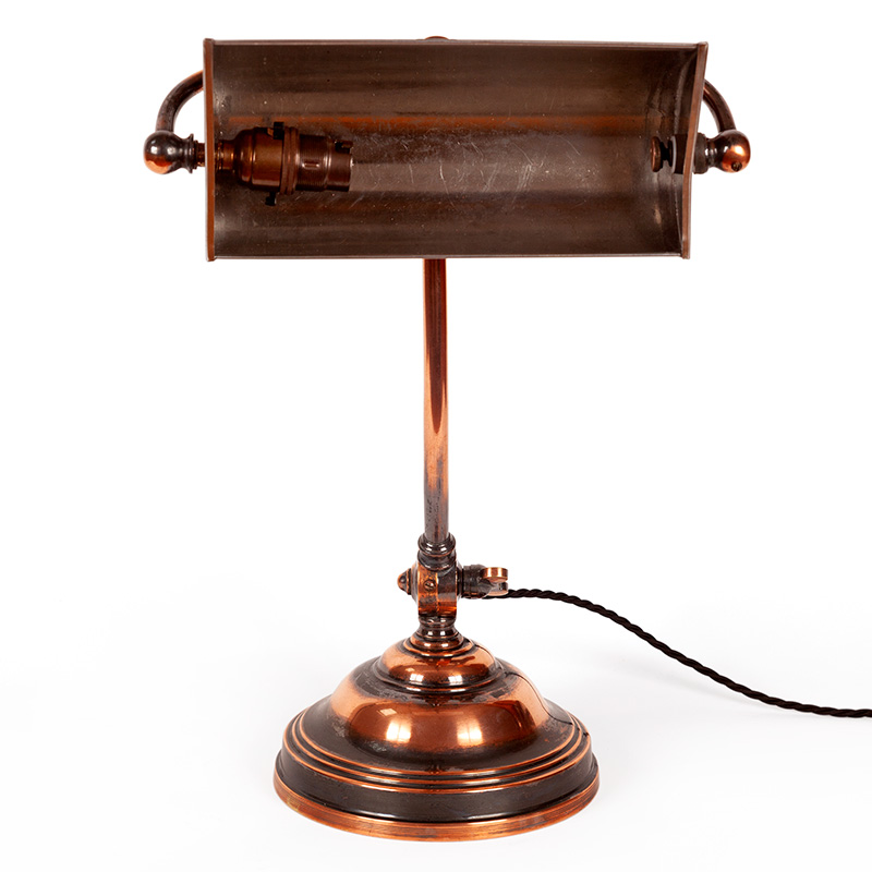 Art Deco Copper Oxidised Adjustable Desk Lamp with Trough Shaped Metal Shade