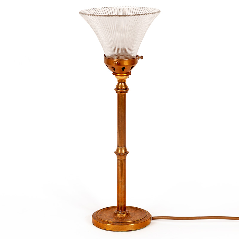 Art Deco Brass Table Lamp on Circular Base and Column with Prismatic Glass Shade