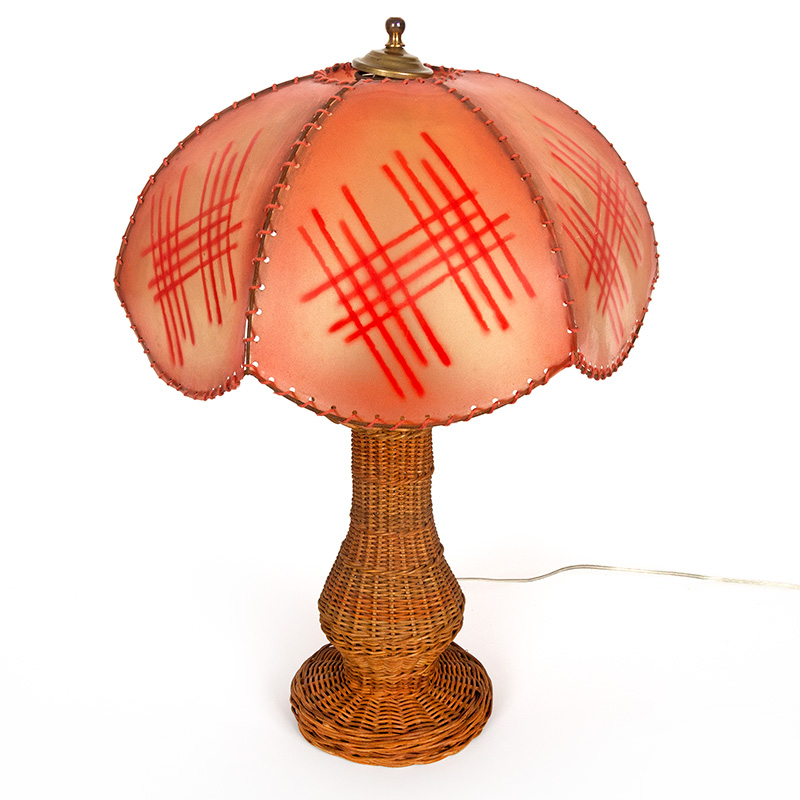 Art Deco Cane Table Lamp with Salmon Vellum Shade Decorated with Geometric Motifs