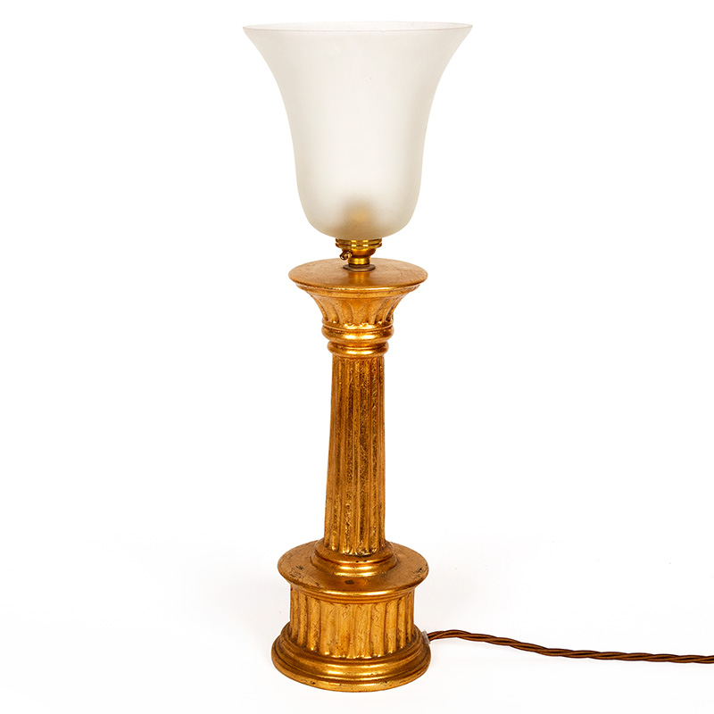 Pair of Art Deco Gilded Porcelain Table Lamps with Bell Shaped Shades