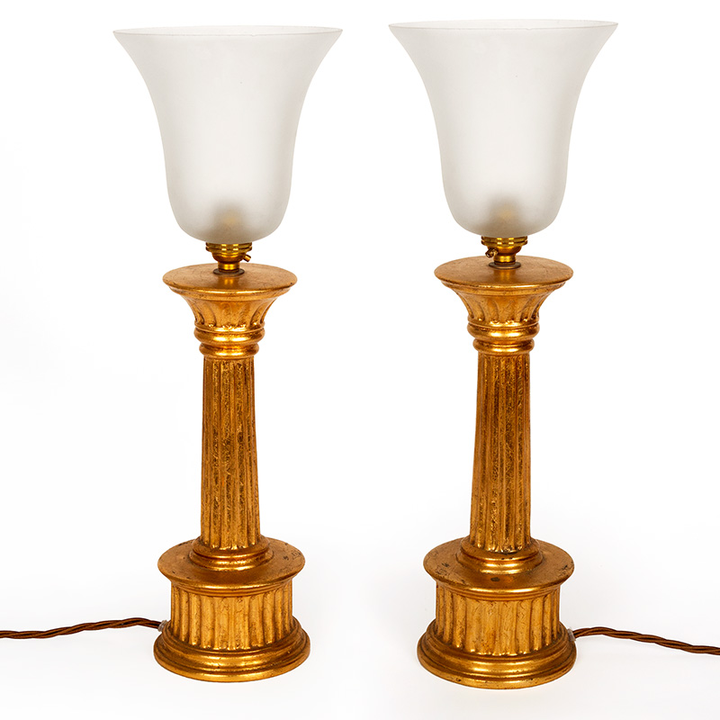 Pair of Art Deco Gilded Porcelain Table Lamps with Bell Shaped Shades