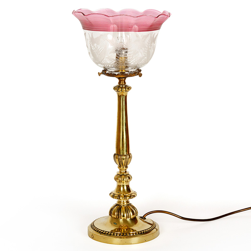 Edwardian Cast Brass Table Lamp with Etched Glass Shade with Cranberry Trim