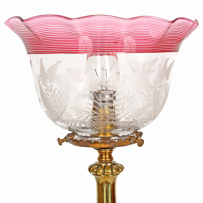 Edwardian Cast Brass Table Lamp with Etched Glass Shade with Cranberry Trim