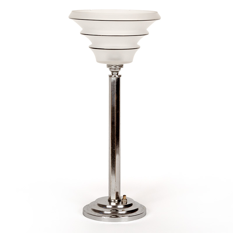 Art Deco Chromium Plated Brass Table Lamp with Frosted Cone Shaped Glass Shade (c.1925)