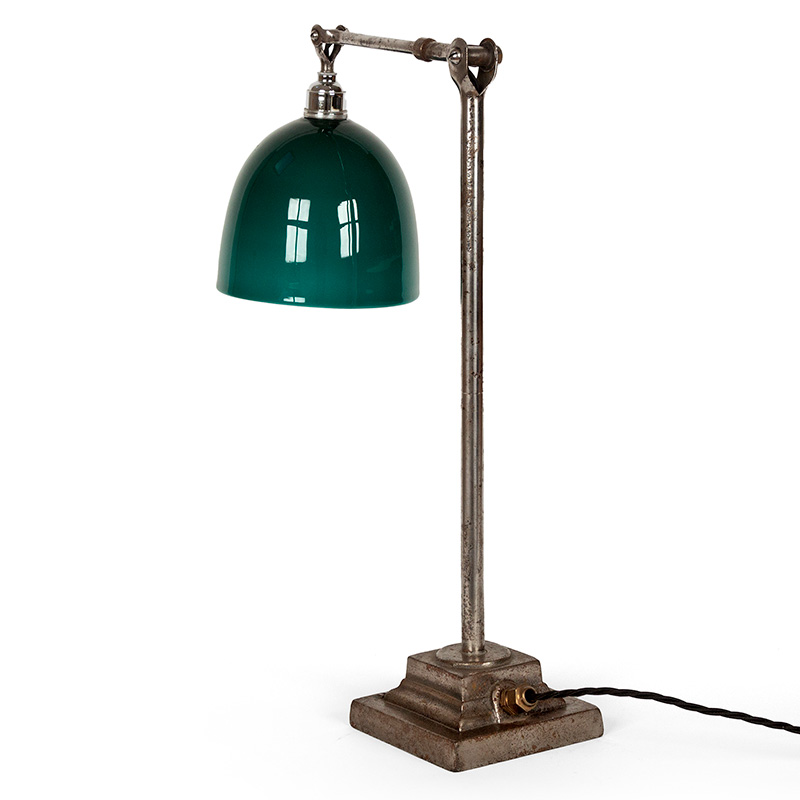 Art Deco Metal Desk Lamp with Green Bell Shaped Shade