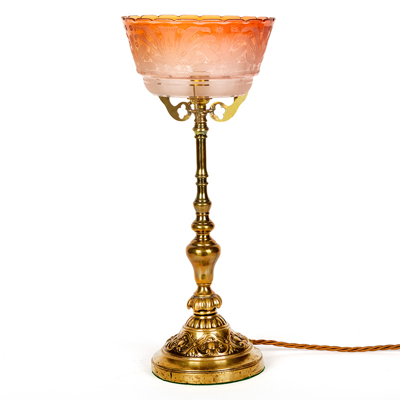 Victorian Cast Brass Table Lamp Holding an Orange Fluted and Etched Glass Shade (c.1880)