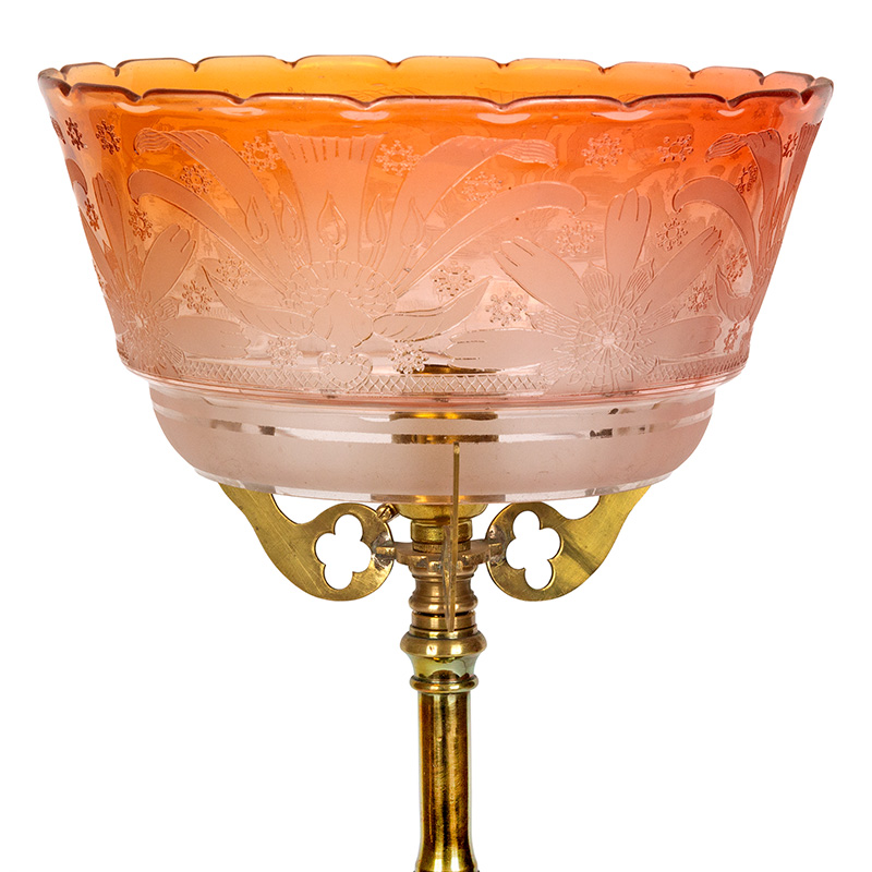 Victorian Cast Brass Table Lamp Holding an Orange Fluted and Etched Glass Shade