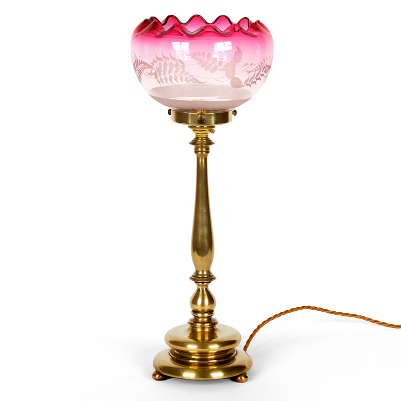 Edwardian Cast Brass Table Lamp with Part Frosted Leafy Cranberry Glass Shade