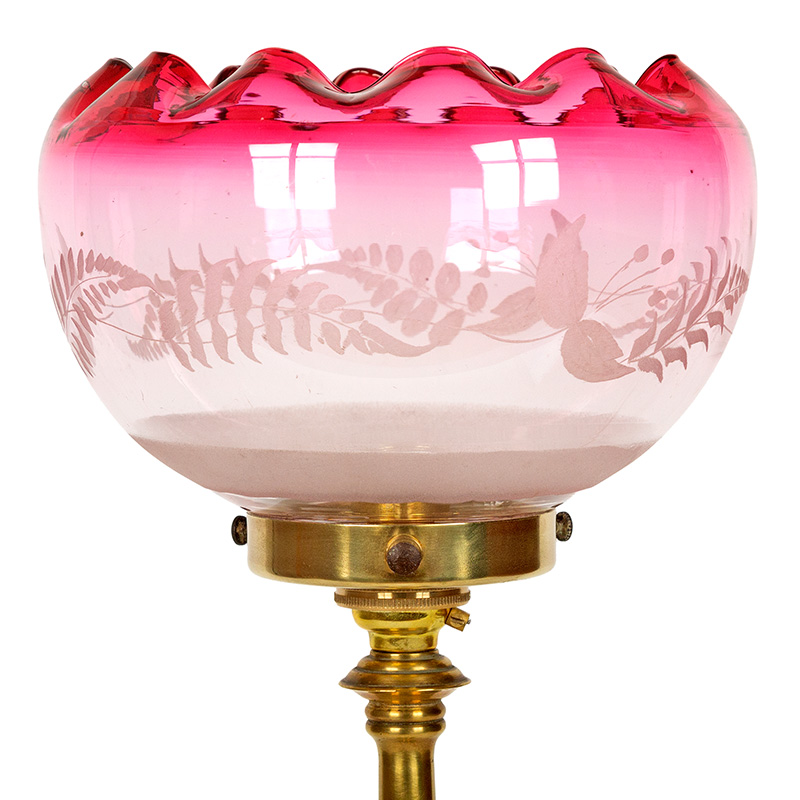 Edwardian Cast Brass Table Lamp with Part Frosted Leafy Cranberry Glass Shade