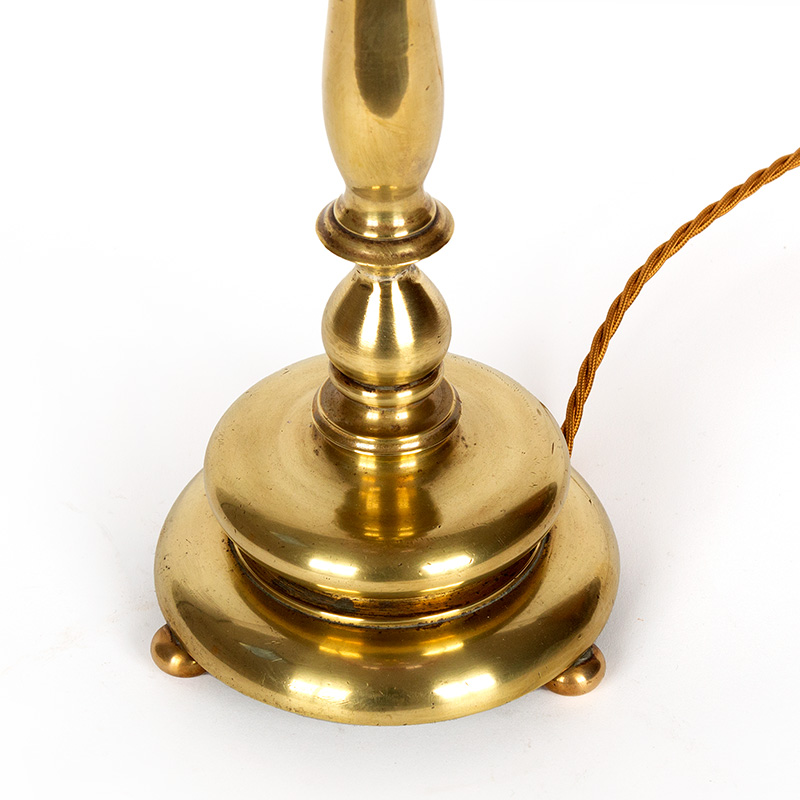 Edwardian Cast Brass Table Lamp with Part Frosted Leafy Cranberry Glass Shade