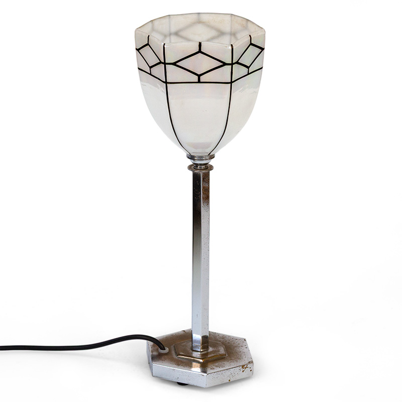 Art Deco Chromium Plated Table Lamp with Iridescent Hexagonal Glass Shade with Painted Geometric Lines