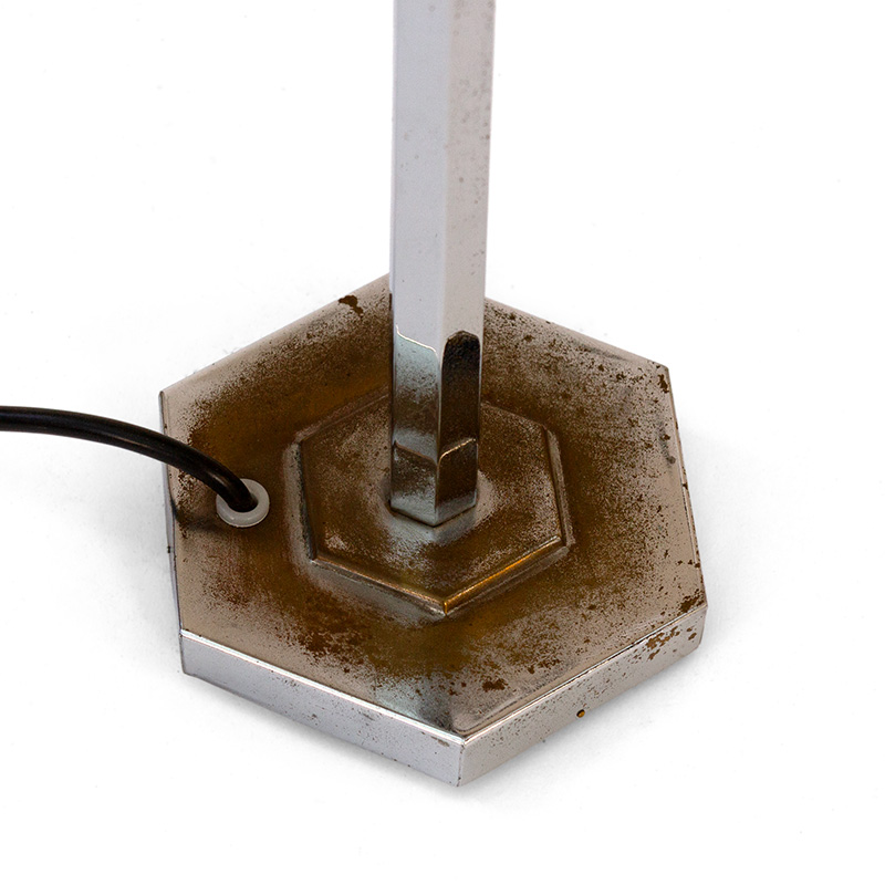 Art Deco Chromium Plated Table Lamp with Iridescent Hexagonal Glass Shade with Painted Geometric Lines