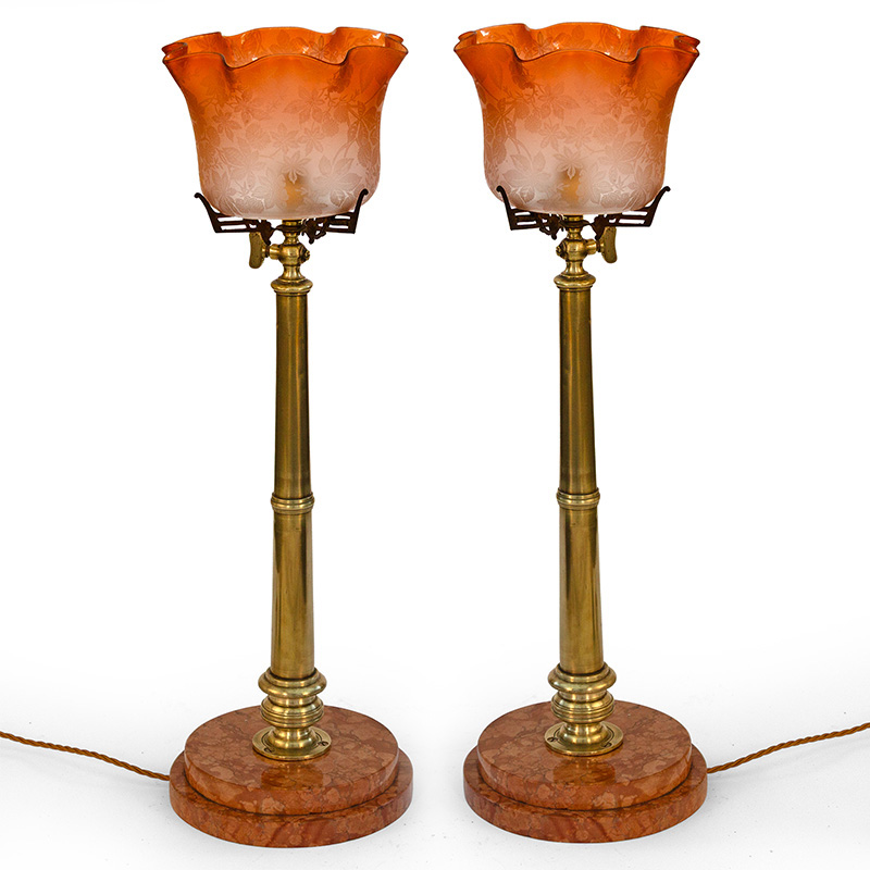Pair of Converted Gas Table lamps Rare Large Tapering Brass Columns Holding Orange Finely Etched Glass Shades