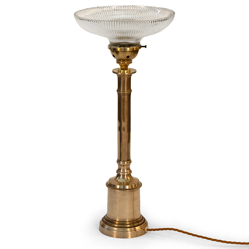 Art Deco Cast Brass Table Lamp with a Prismatic Dish-Shaped Glass Shade