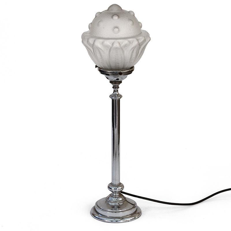 Art Deco Chromium Plated Table Lamp with Frosted Dome with Lotus Leaf Relief Design