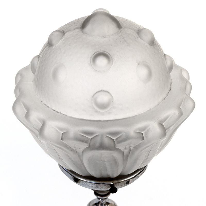 Art Deco Chromium Plated Table Lamp with Frosted Dome with Lotus Leaf Relief Design