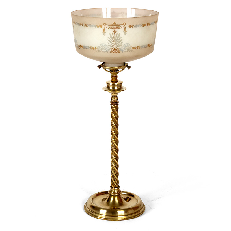 Cast Brass Edwardian Table Lamp with Inverted Glass Shade with Adams Style Motifs