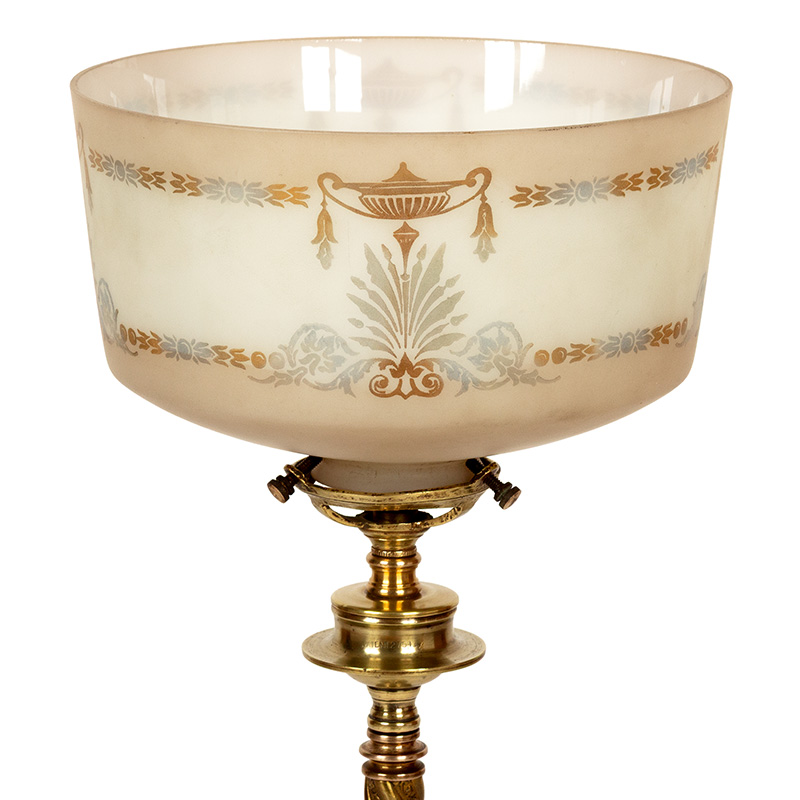 Cast Brass Edwardian Table Lamp with Inverted Glass Shade with Adams Style Motifs
