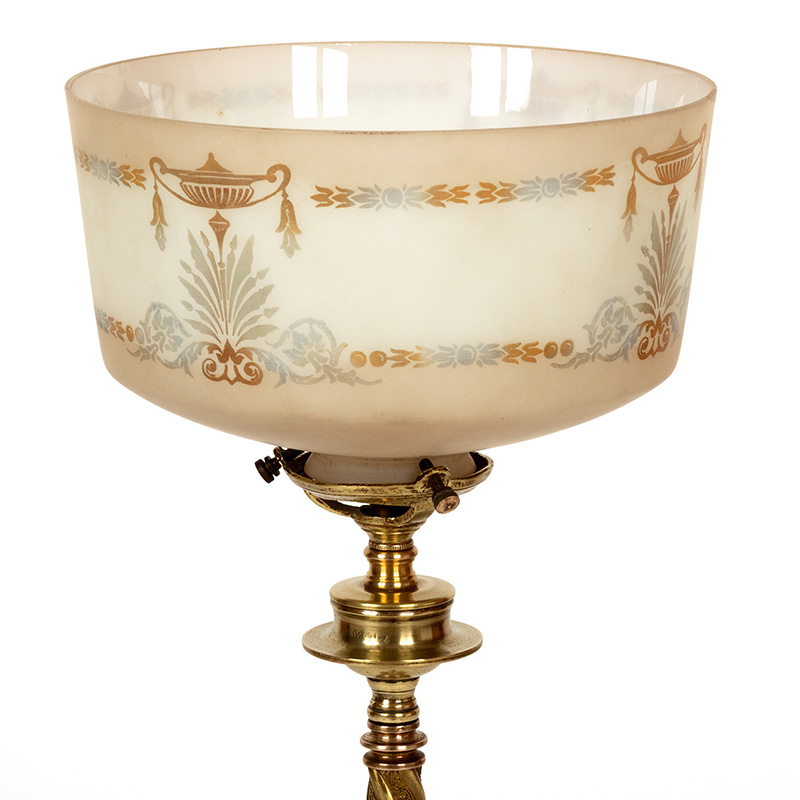 Cast Brass Edwardian Table Lamp with Inverted Glass Shade with Adams Style Motifs
