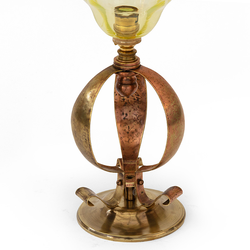 Art Nouveau Table Lamp with Original Green Fluted Vaseline Glass Shade