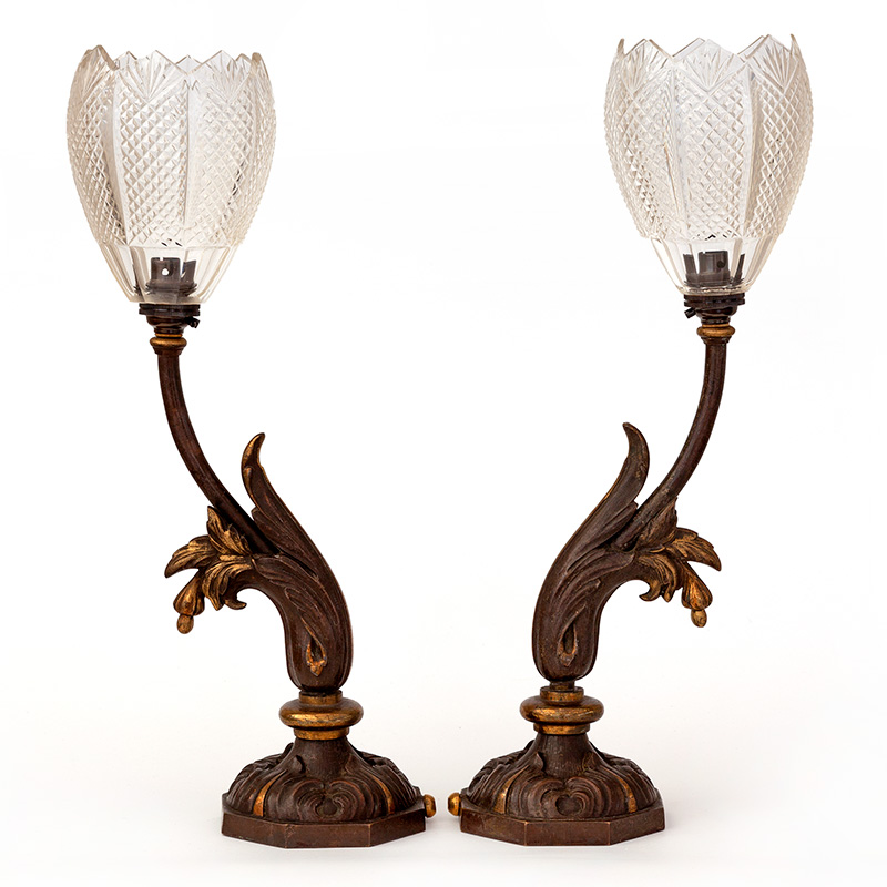 Pair of decorative antique Victorian table lamps fitted with a pair of cut crystal shades (c.1880)