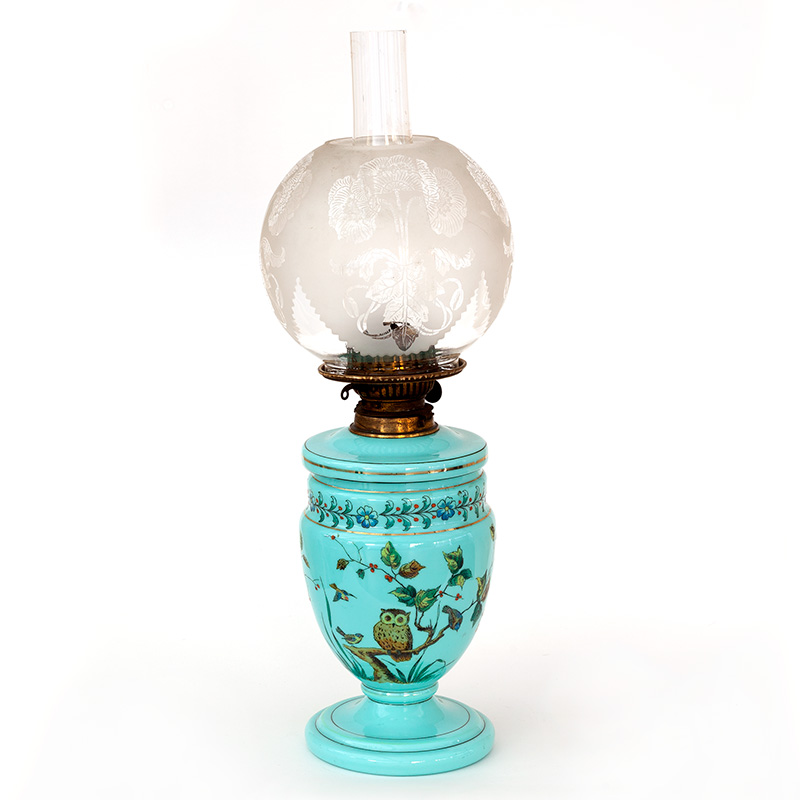 Victorian glass oil lamp decorated with hand painted owls, birds and  trees fitted with an original glass oil shade. (c.1875)