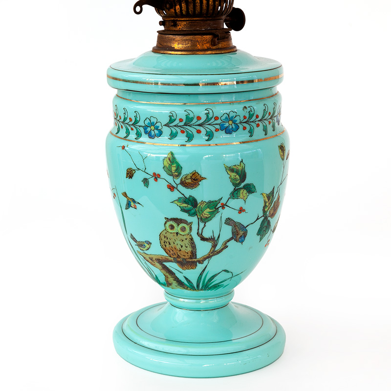 Victorian Glass Oil Lamp Decorated with Owls, Birds and Trees