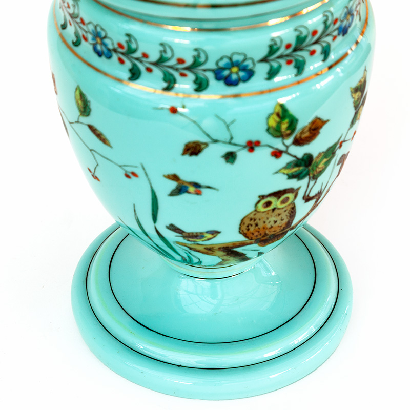 Victorian Glass Oil Lamp Decorated with Owls, Birds and Trees