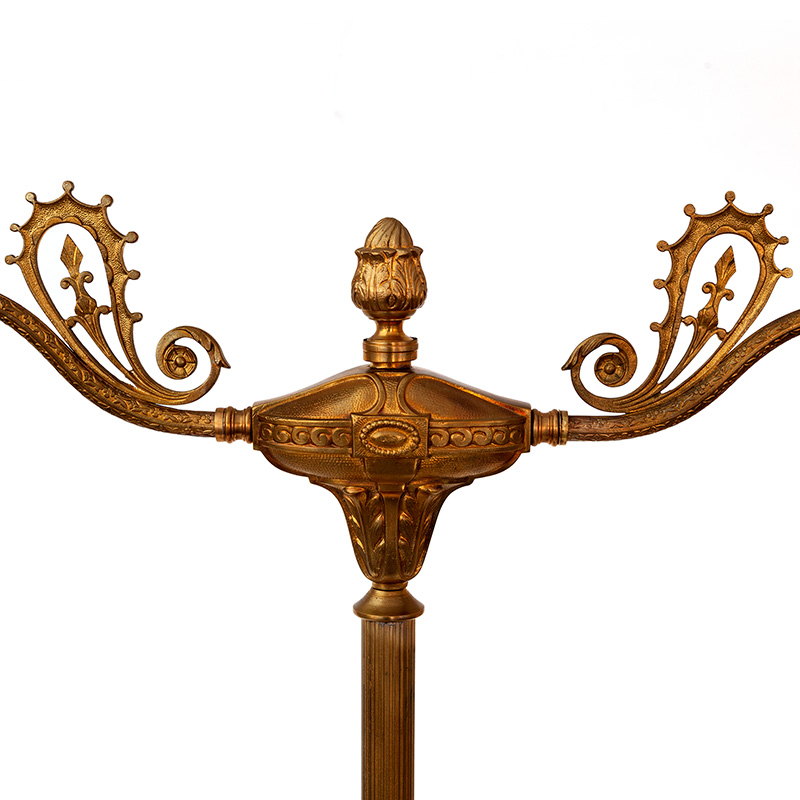 Edwardian Cast Brass Table Lamp with Two Arms Holding Cut Glass Shades