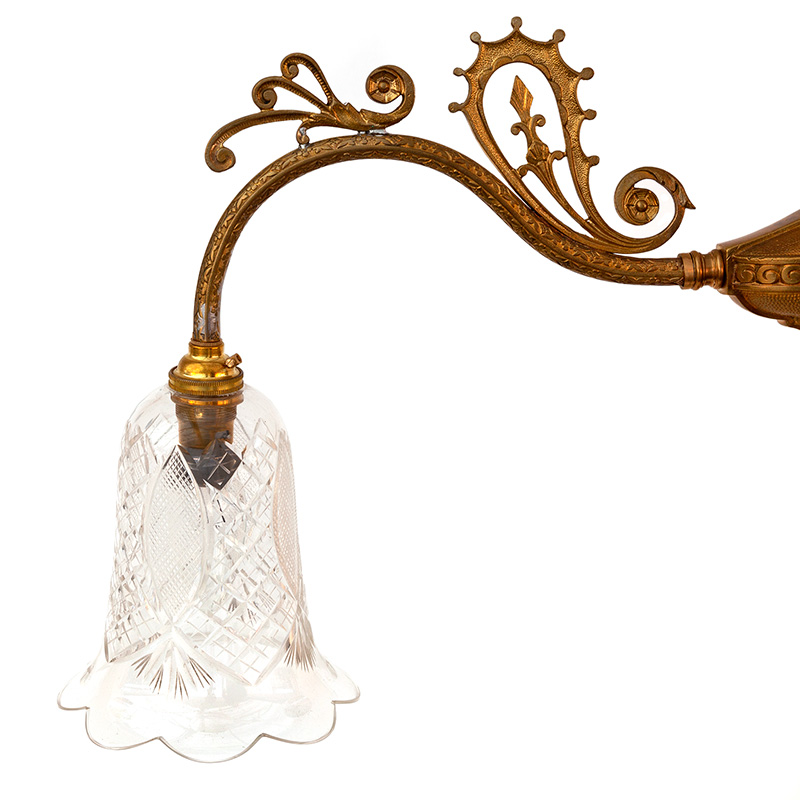 Edwardian Cast Brass Table Lamp with Two Arms Holding Cut Glass Shades