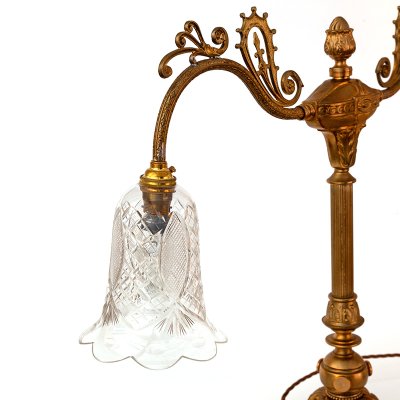 Edwardian Cast Brass Table Lamp with Two Arms Holding Cut Glass Shades