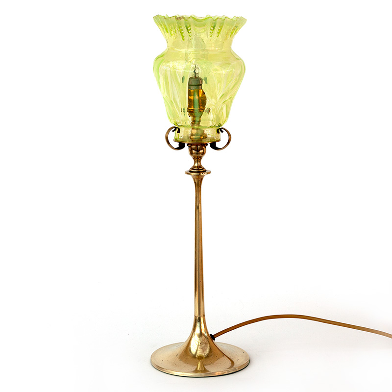 Cast Brass Art Nouveau Table Lamp with Floral Vaseline Glass Shade