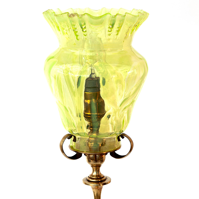 Cast Brass Art Nouveau Table Lamp with Floral Vaseline Glass Shade