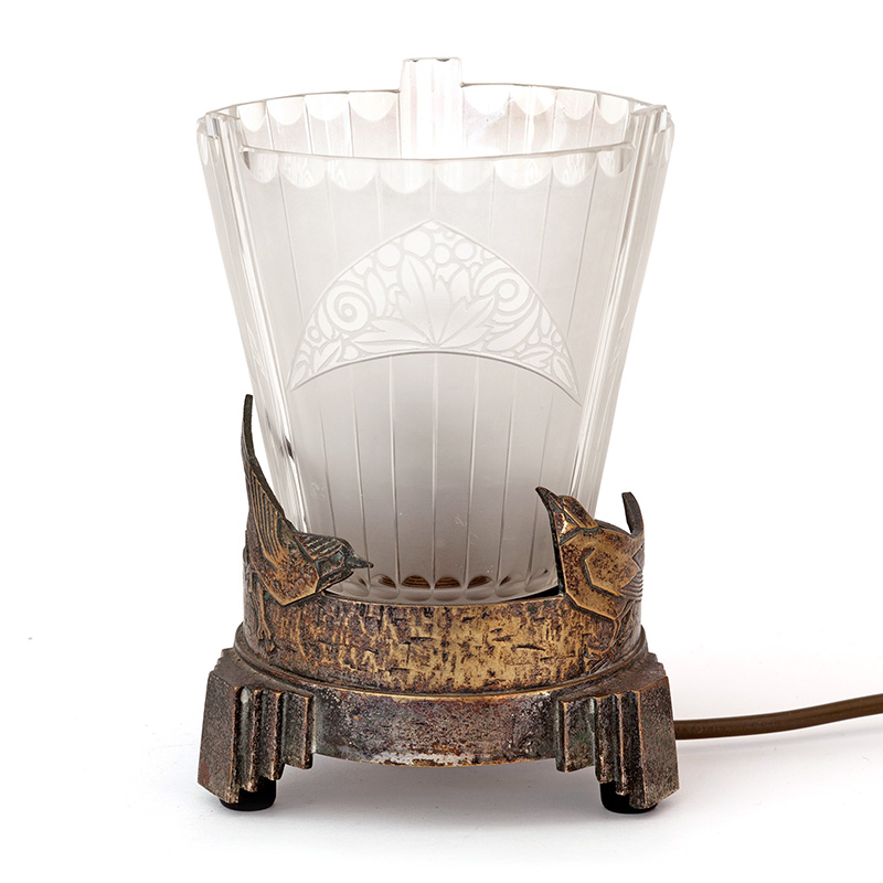 Art Deco Cast Brass Table Lamp Decorated with Birds with Cut Glass Shade