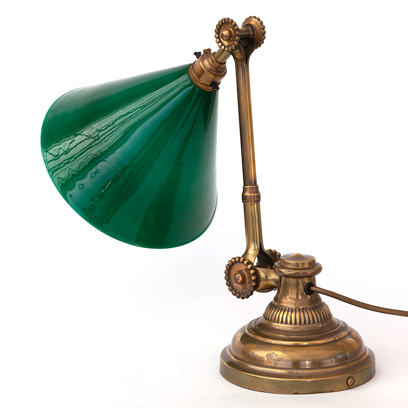Antique Art Deco cast brass desk lamp fitted with an original green cased opal glass shade. (c.1925)