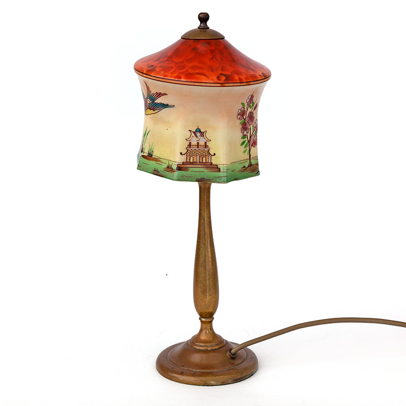 Art Deco Brass Table Lamp with Hexagonal Glass Shade Hand Painted with Birds and Pagodas