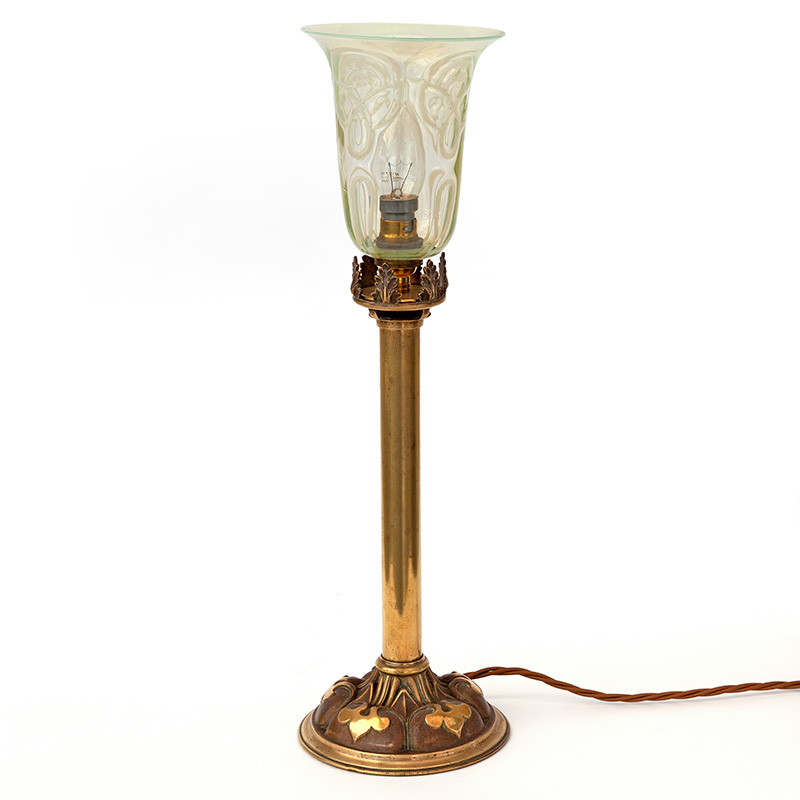 Brass Art Nouveau Table Lamp with Vaseline Glass Shade of Freeform Design
