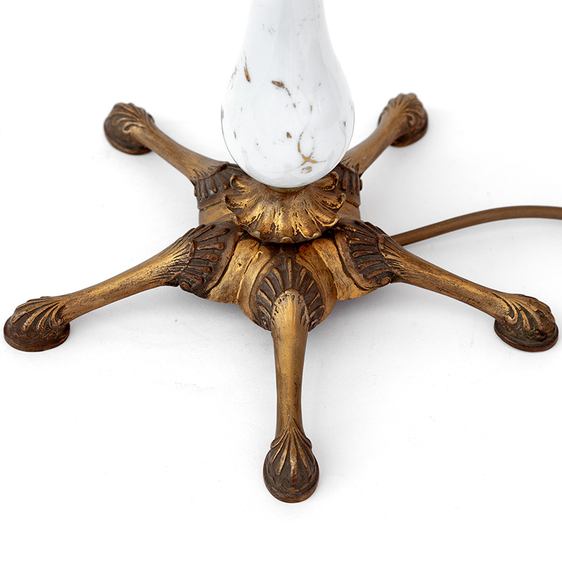 Victorian Table Lamp with Porcelain Column and Opal Shade Hand Painted with Birds and Floral Leafy Motifs