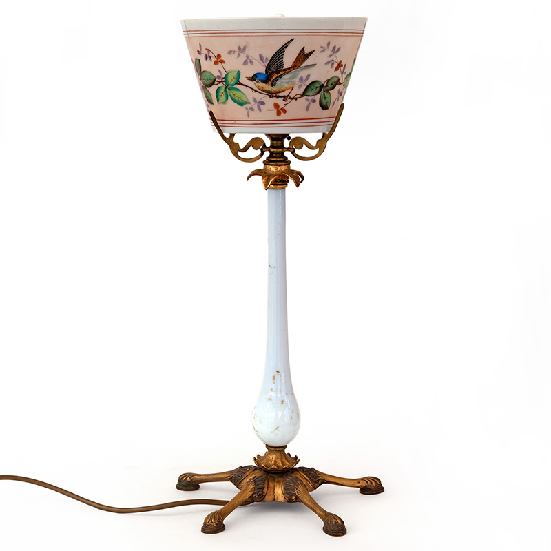 Antique Victorian Table Lamp with Porcelain Column and Opal Shade Hand Painted with Birds and Floral Leafy Motifs