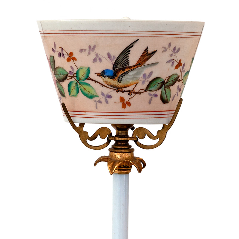 Victorian Table Lamp with Porcelain Column and Opal Shade Hand Painted with Birds and Floral Leafy Motifs