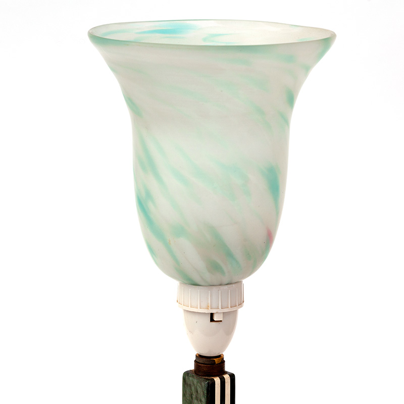 Art Deco Bakelite Table Lamp with Striped Base Matching Column and Bell Shaped Glass Shade