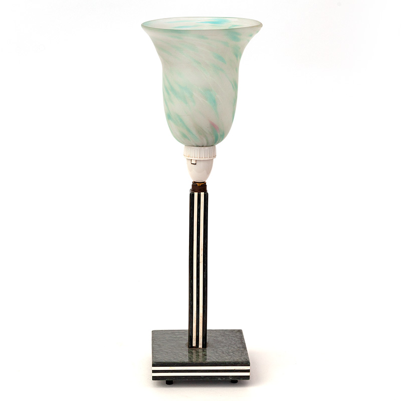Art Deco Bakelite Table Lamp with Striped Base Matching Column and Bell Shaped Glass Shade