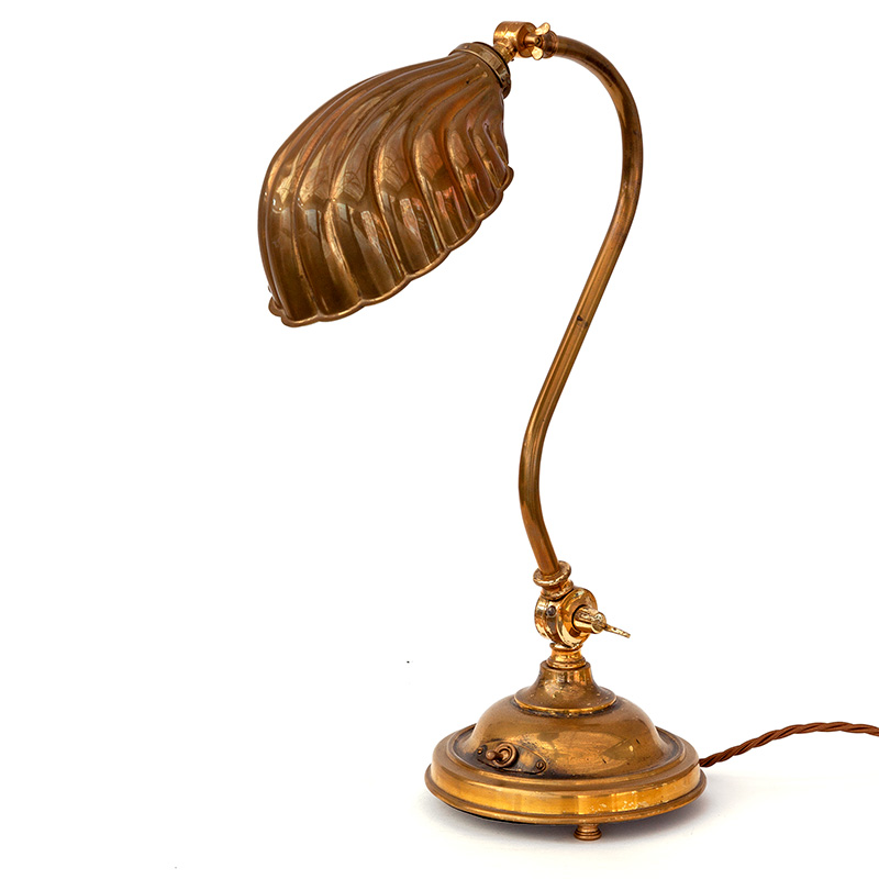 Antique Brass Swan Necked Art Deco Desk Lamp with Clam Shell Brass Shade (c1930)