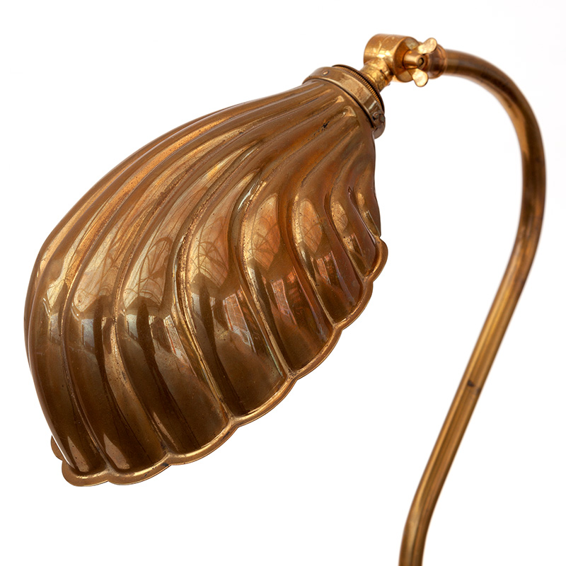 Brass Swan Necked Art Deco Desk Lamp with Clam Shell Brass Shade