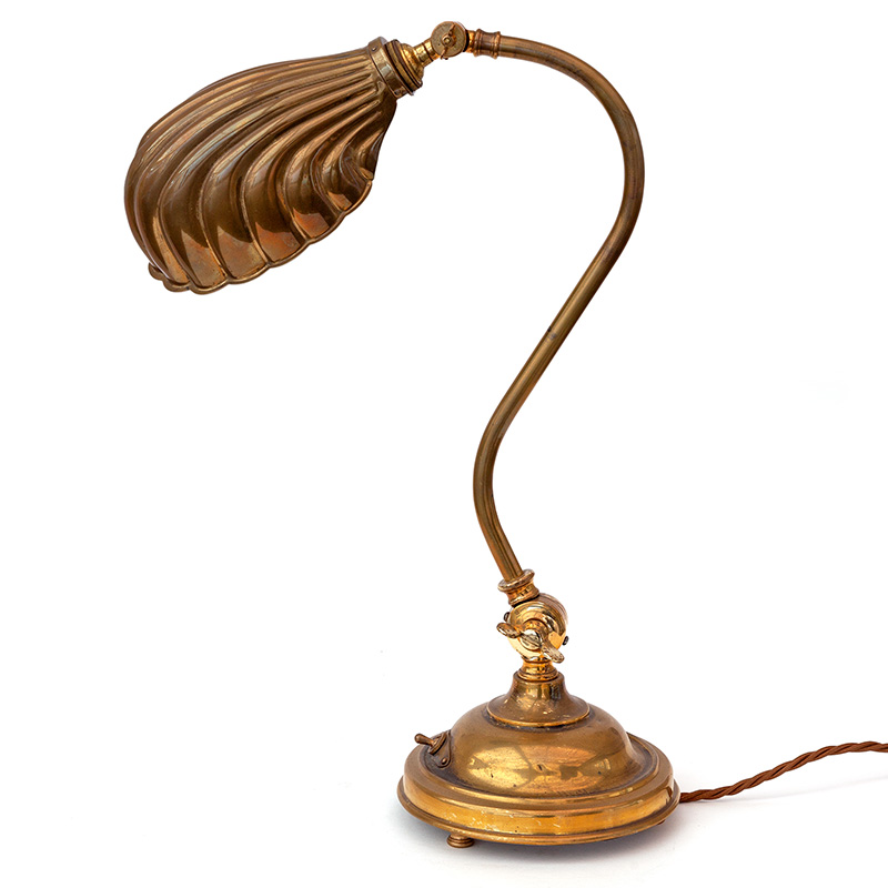 Brass Swan Necked Art Deco Desk Lamp with Clam Shell Brass Shade