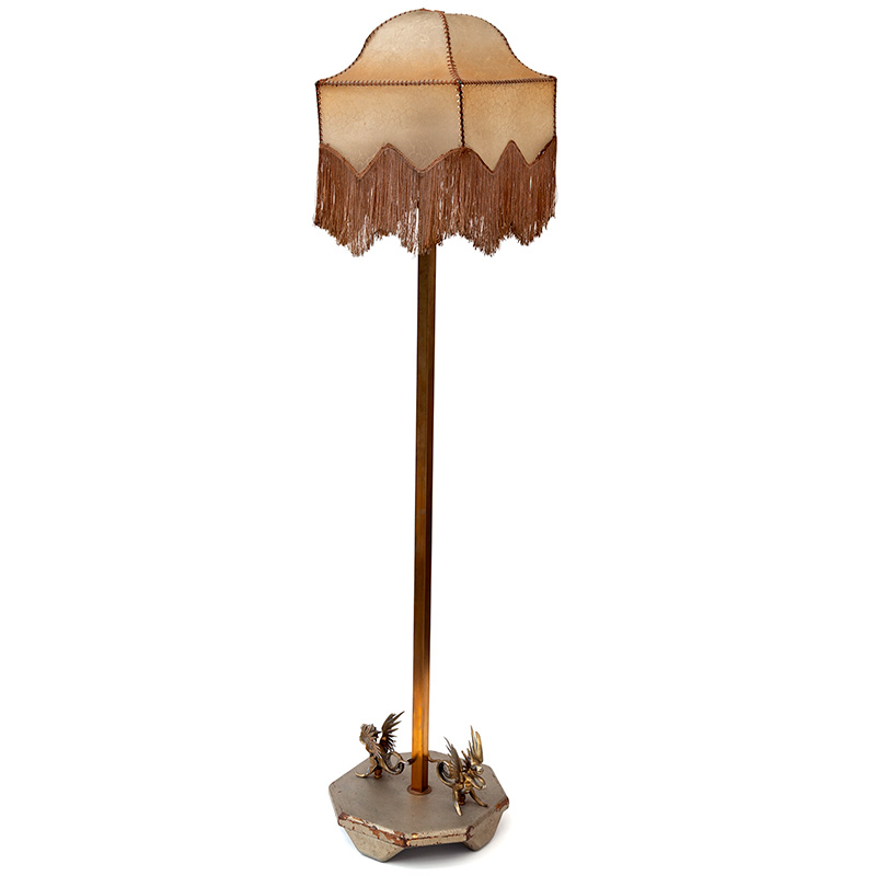 Antique Art Deco Floor Lamp Decorated with Cast Brass Griffins with Square Parchment Shade