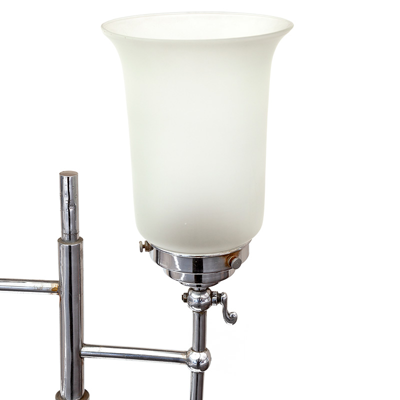 Art Deco Converted Gas Floor Lamp in Chrome and Cast Iron Supporting Frosted Glass Shades