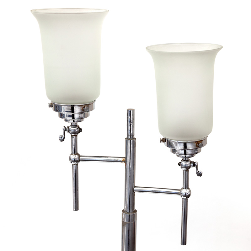 Art Deco Converted Gas Floor Lamp in Chrome and Cast Iron Supporting Frosted Glass Shades